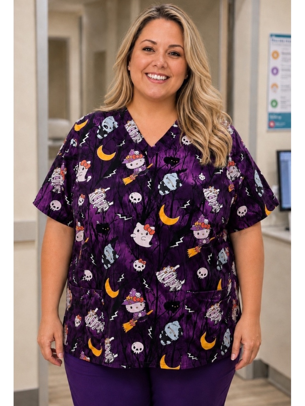 Hello Kitty Halloween Scrub Top W 2XL Purple Nurse Witch Ghost Spooky Kidcore